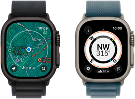 Zwei Apple Watch Ultra 3 Geräte, eines zeigt Karten und das andere Backtrack Funktionen, darunter Kompass, Höhenmeter und markierte Wegpunkte